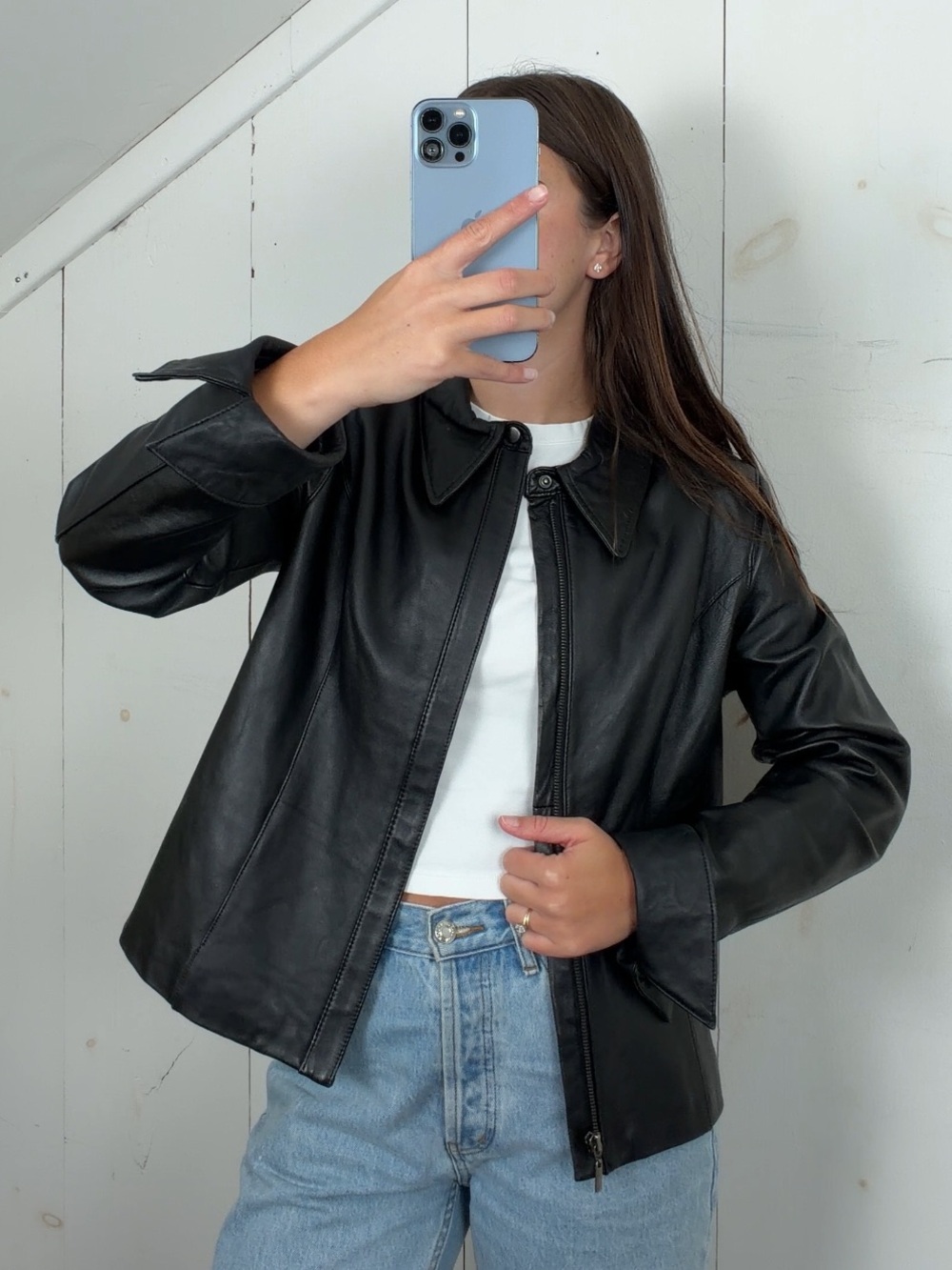 Vintage Black Genuine Leather Full Zip Short Jacket Womens Large Lightweight Y2K